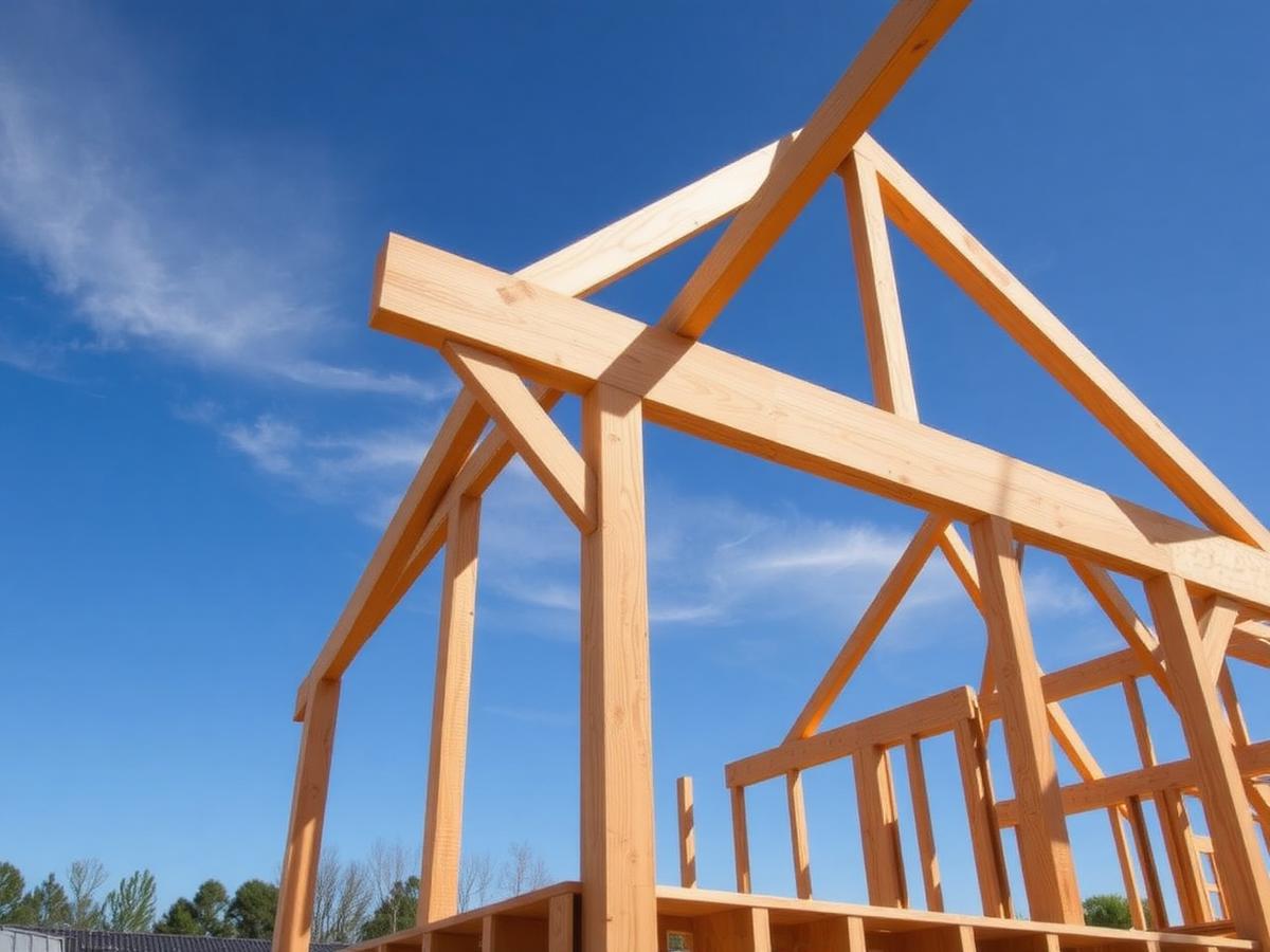 Holzkonstruktion eines Neubaus vor blauem Himmel