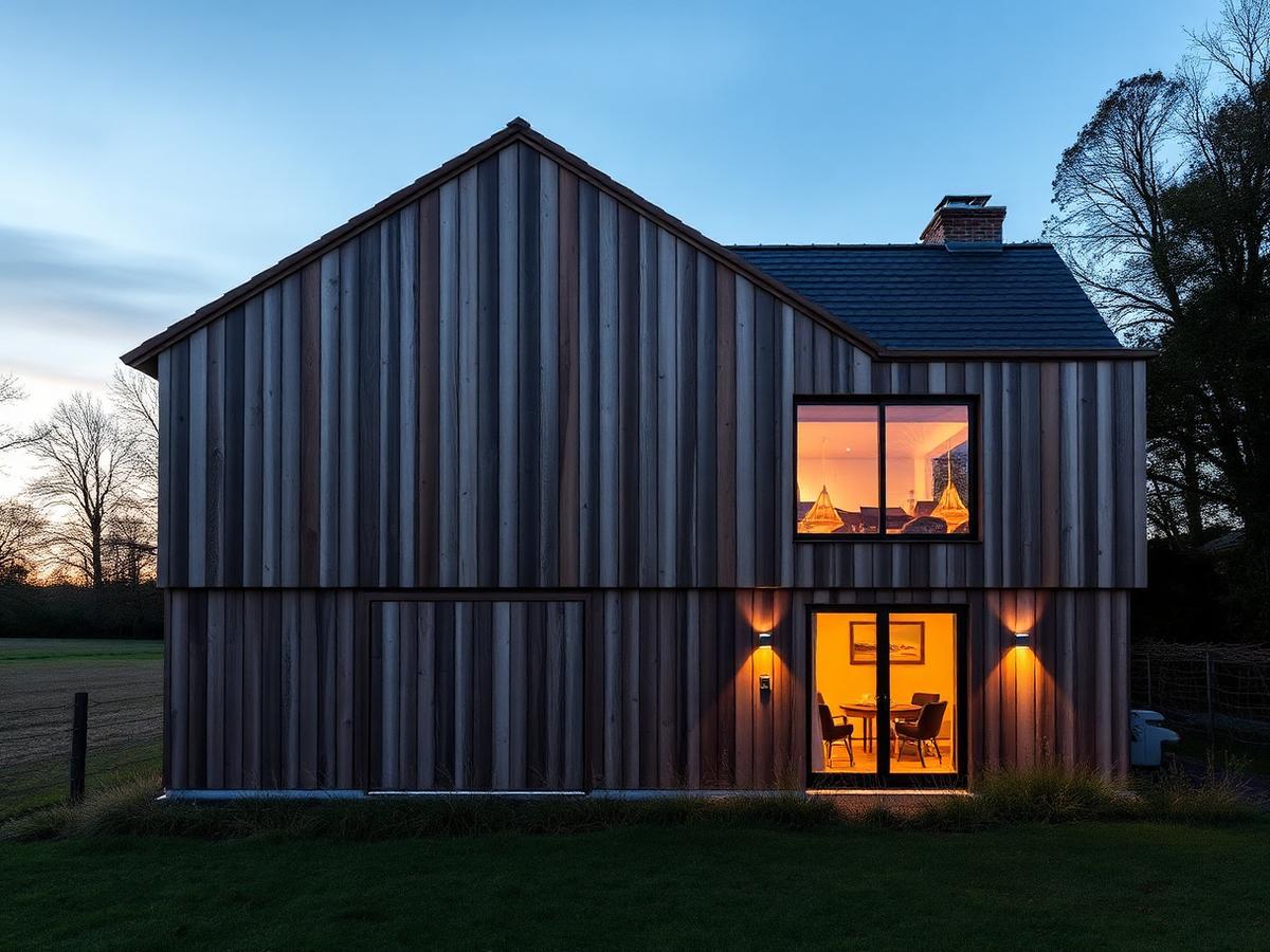 Wohnhaus mit Holzfassade in der Abenddämmerung